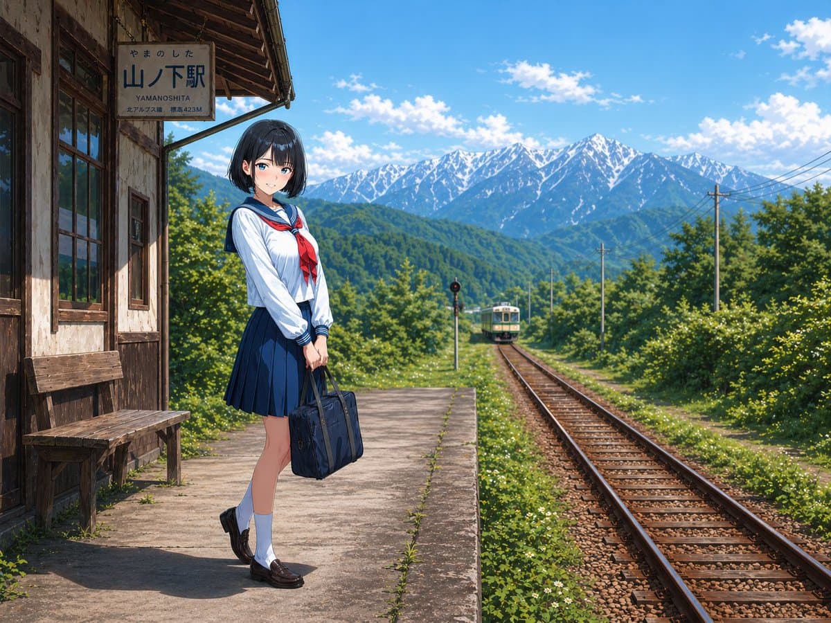 鄉間車站女學生場景