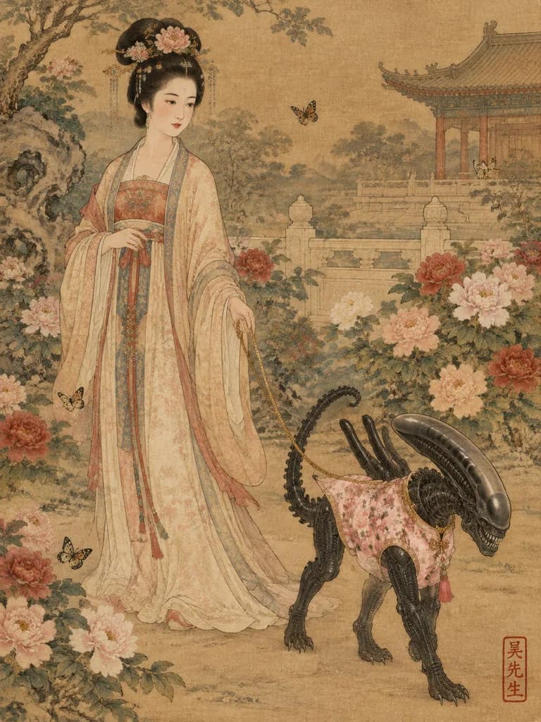 Tang Lady Walking a Pet Xenomorph