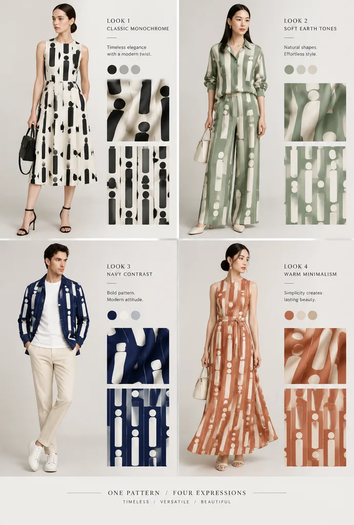 Lookbook de Quatro Peças de Moda com Estampa