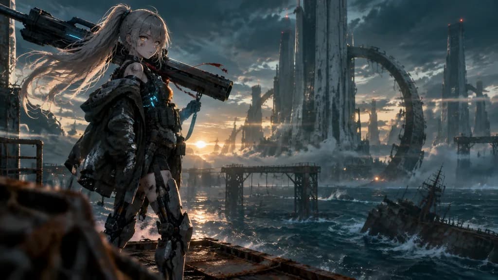 Mecha Girl at Abandoned Sea City