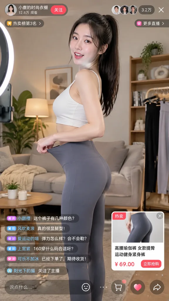 Livestream Host Demonstrating Yoga Pants