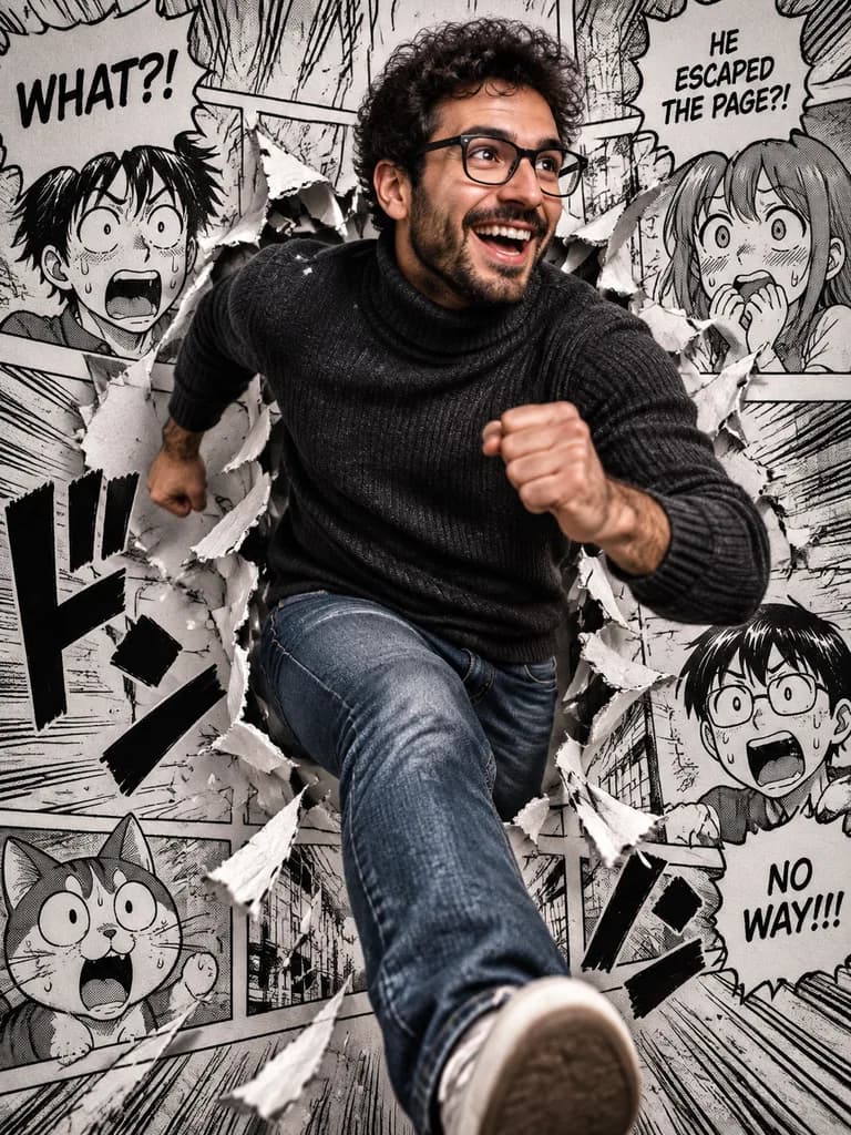 Uomo fotorealistico che esce da una pagina manga