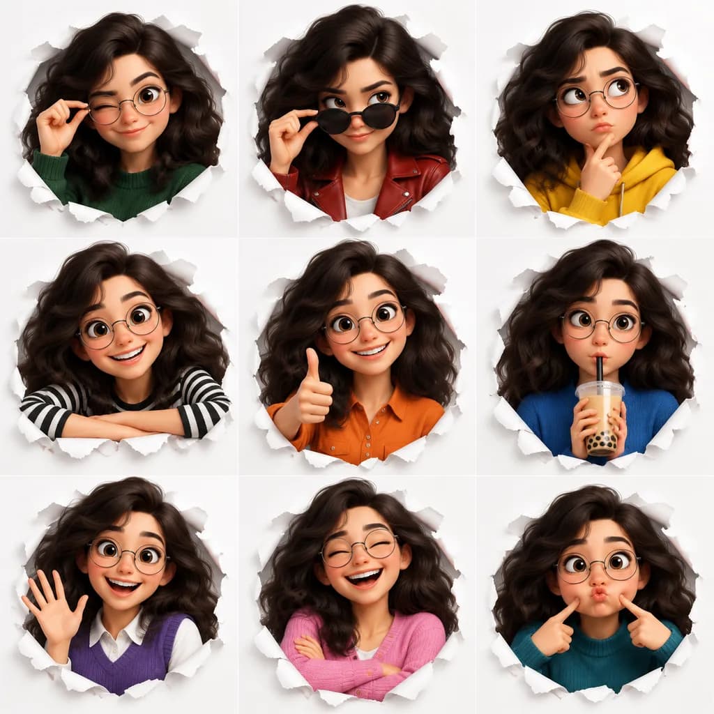 破れた紙のキャラクター表情グリッド