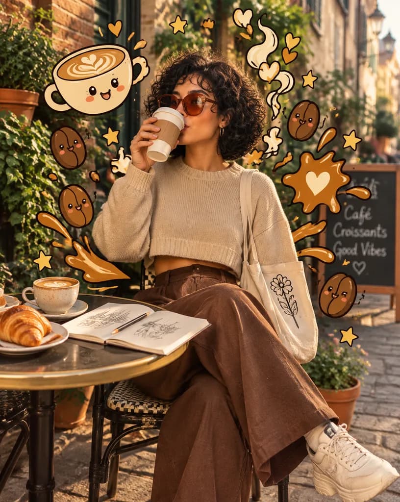 Café Photo with 2D Cartoon Doodles