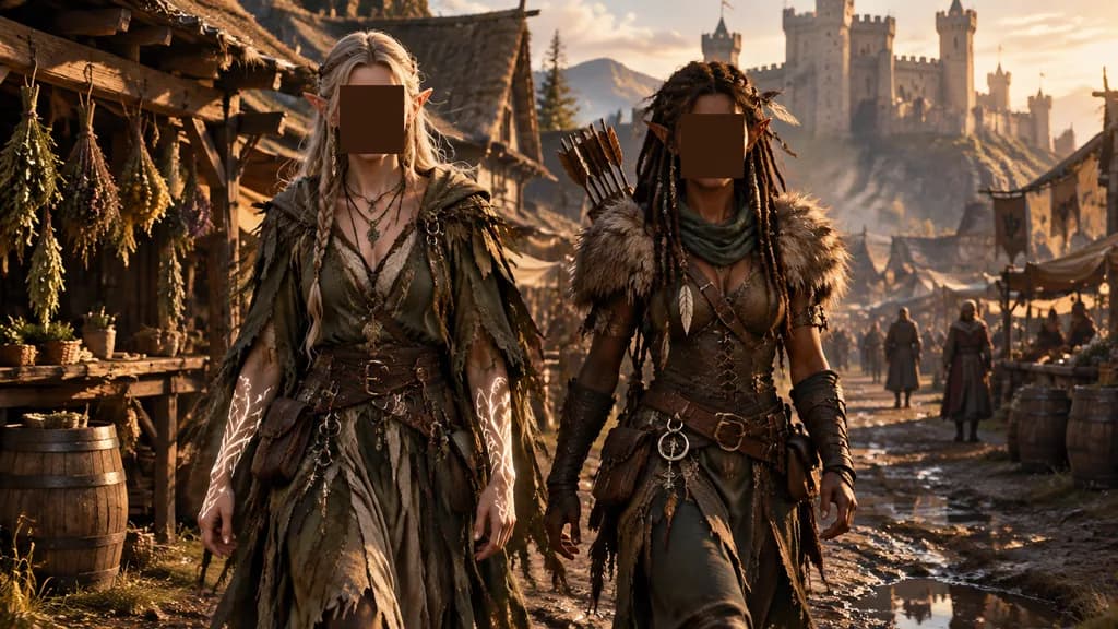 Elven Adventurers in Medieval Village