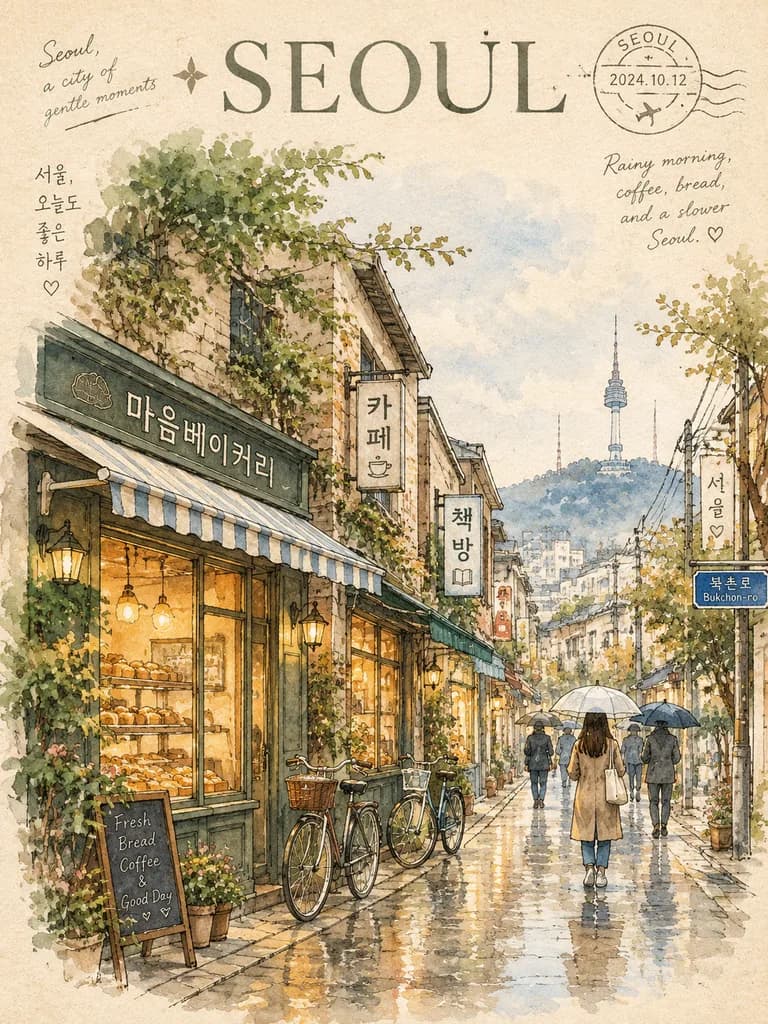 Korean Street Watercolor Travel Illustration