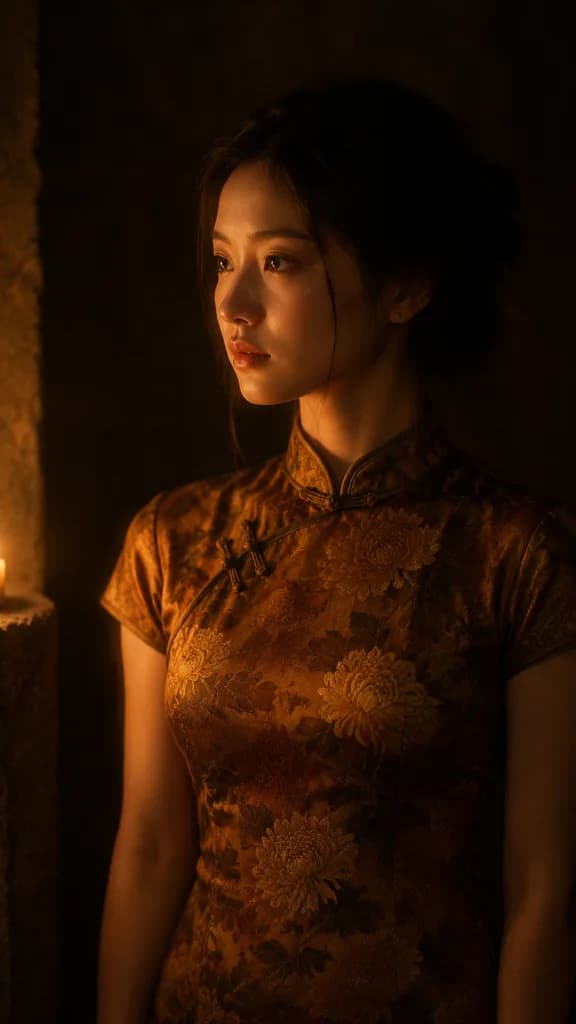 燭光の琥珀色旗袍ポートレート