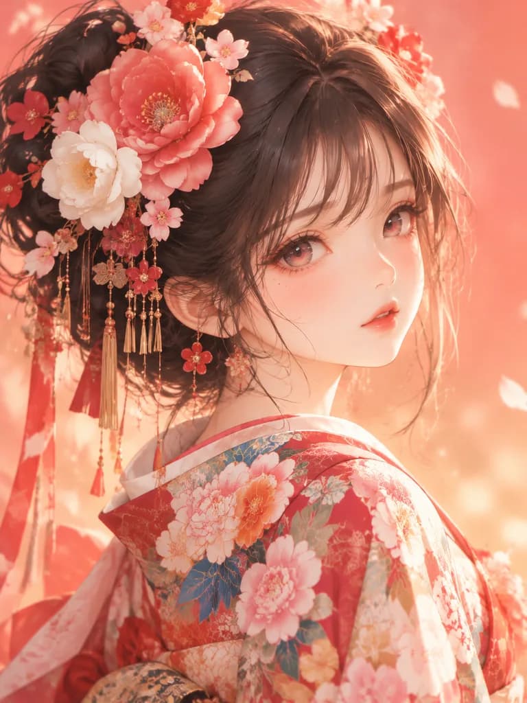 花卉和服动漫少女肖像