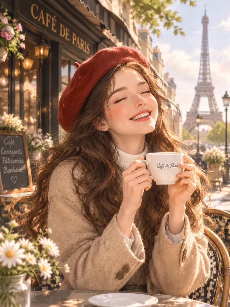 パリの街角の絵本風女性ポートレート