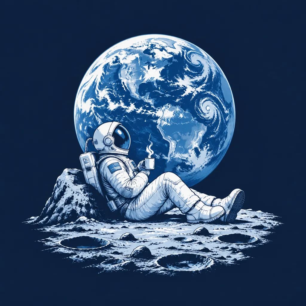 月面でコーヒーを飲む宇宙飛行士 Tシャツ
