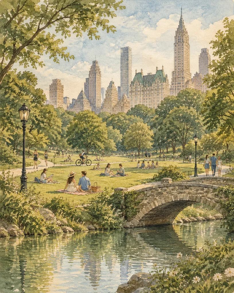 Illustrazione vintage ad acquerello di un parco a Manhattan