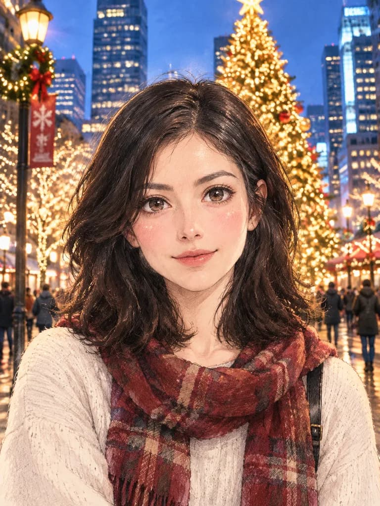 クリスマスの街角に立つちびキャラ