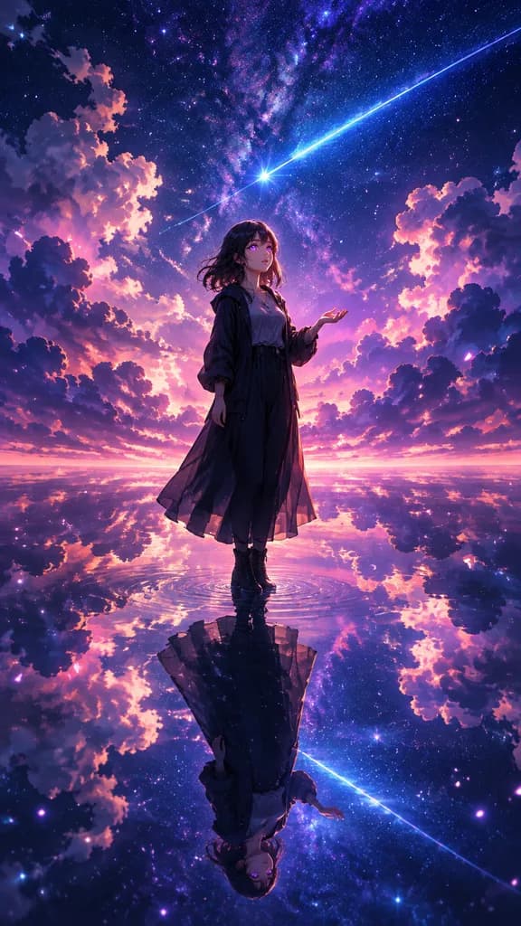 Anime-Mädchen auf dem Himmlischen Spiegelwasser