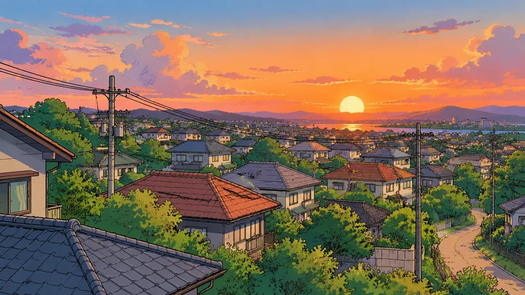 清晰線條風格郊區屋頂日落