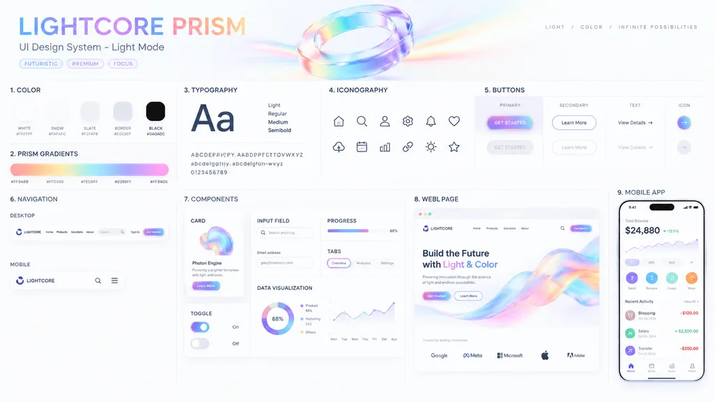 Prismatic Light Mode UI Design System Board
