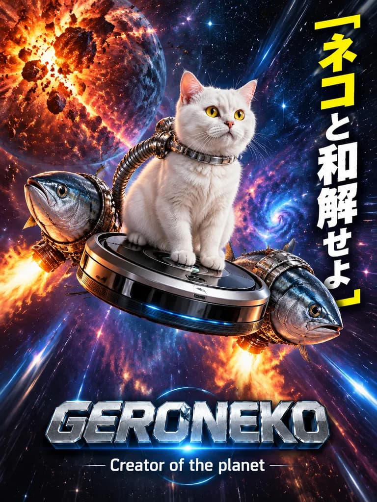 魚動力掃地機上的科幻貓咪
