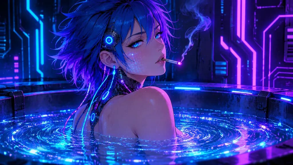 霓虹科技浴缸中的賽博龐克女性