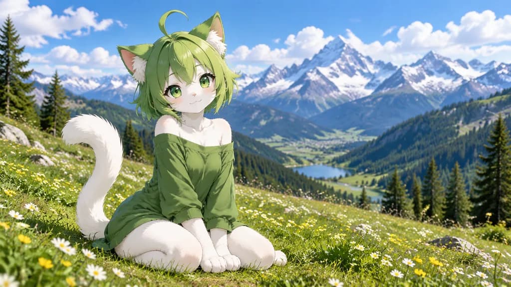 高山草原の愛らしいアニメ猫耳少女