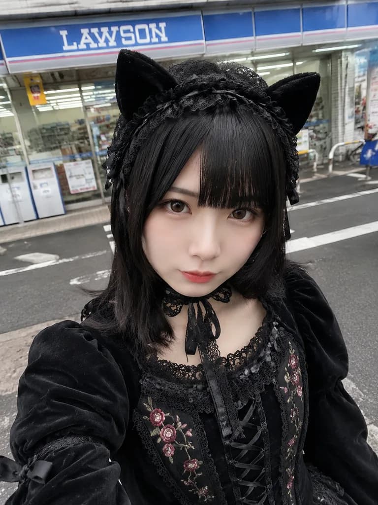 日本の街角ゴシックロリータ自撮りポートレート