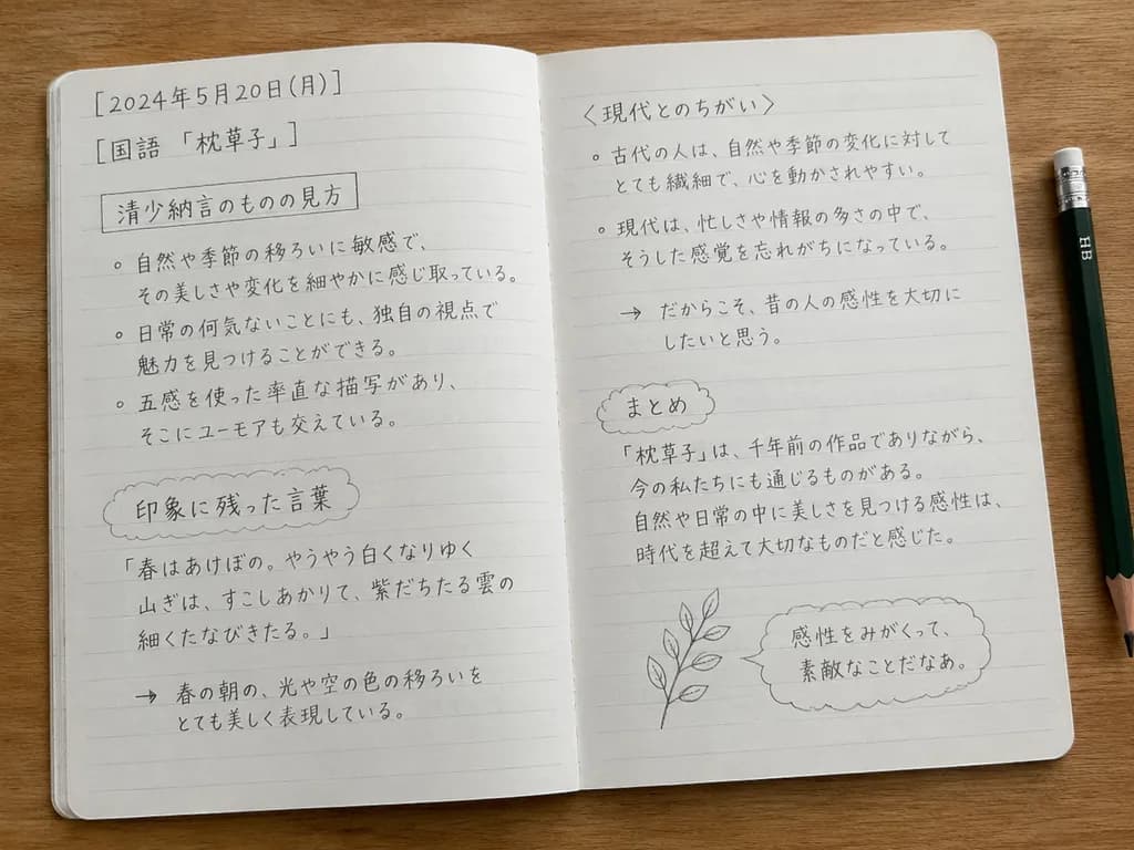 Handwritten Japanese Study Notes on Wooden Desk