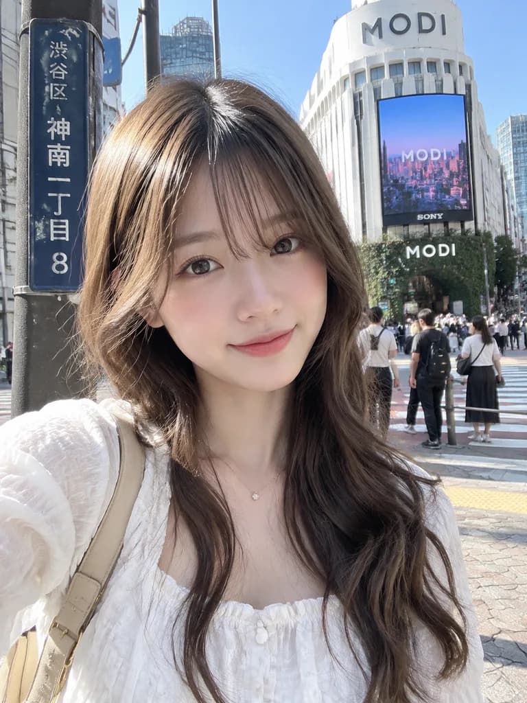晴れた東京の街角自撮りポートレート