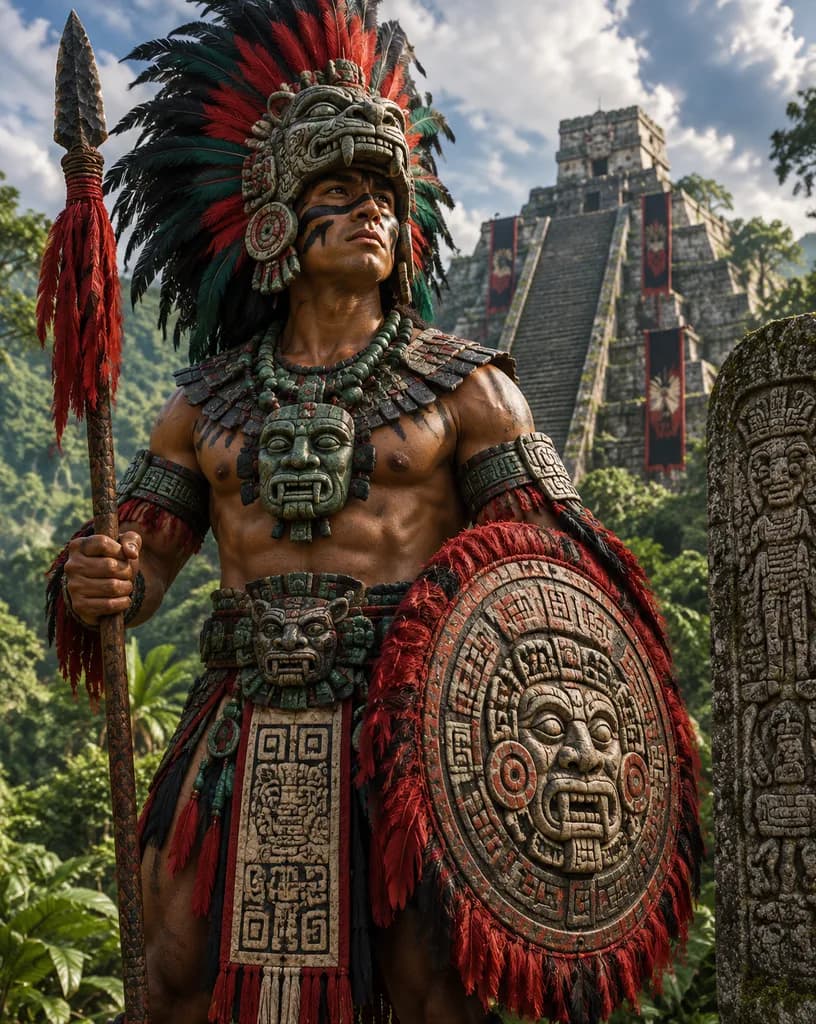儀礼用鎧を纏うメソアメリカ戦士の肖像