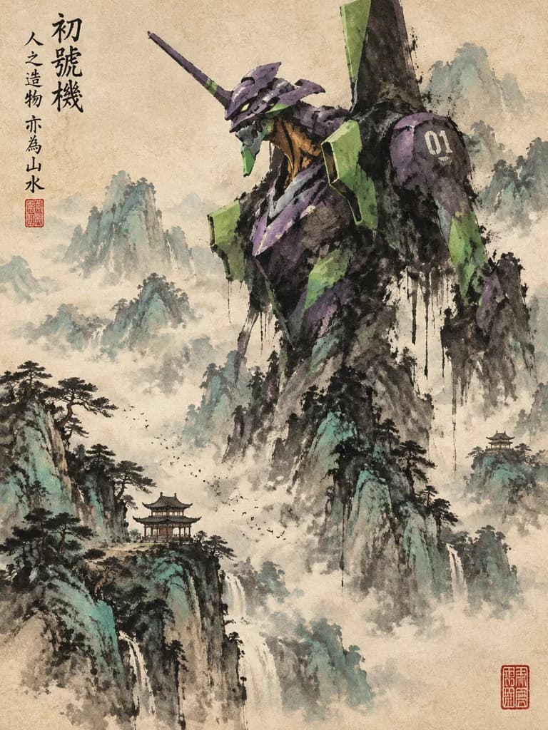 水墨山水巨型機甲畫
