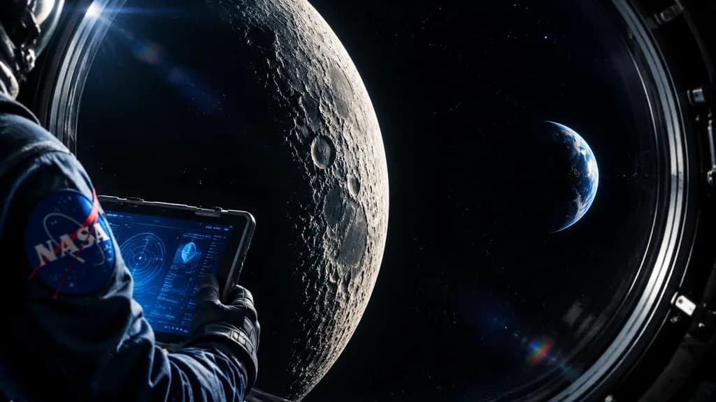 Spacecraft Window View of Earth and Moon