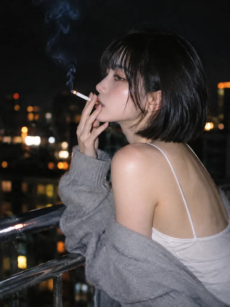 直フラッシュの夜景バルコニーポートレート