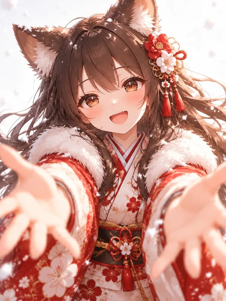 伸手擁抱的動漫狐耳少女