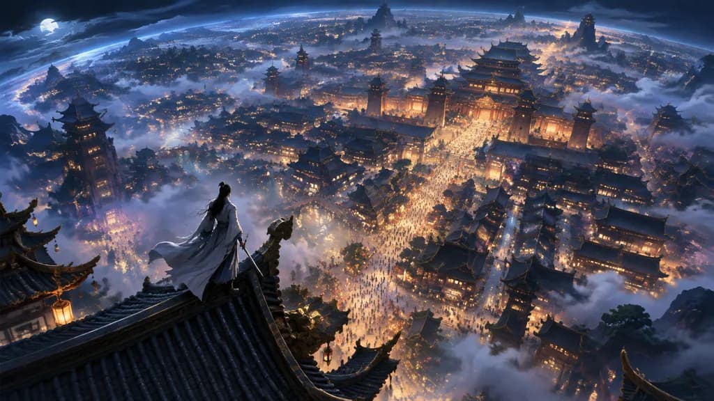 Xianxia Swordsman Overlooking Glowing Metropolis