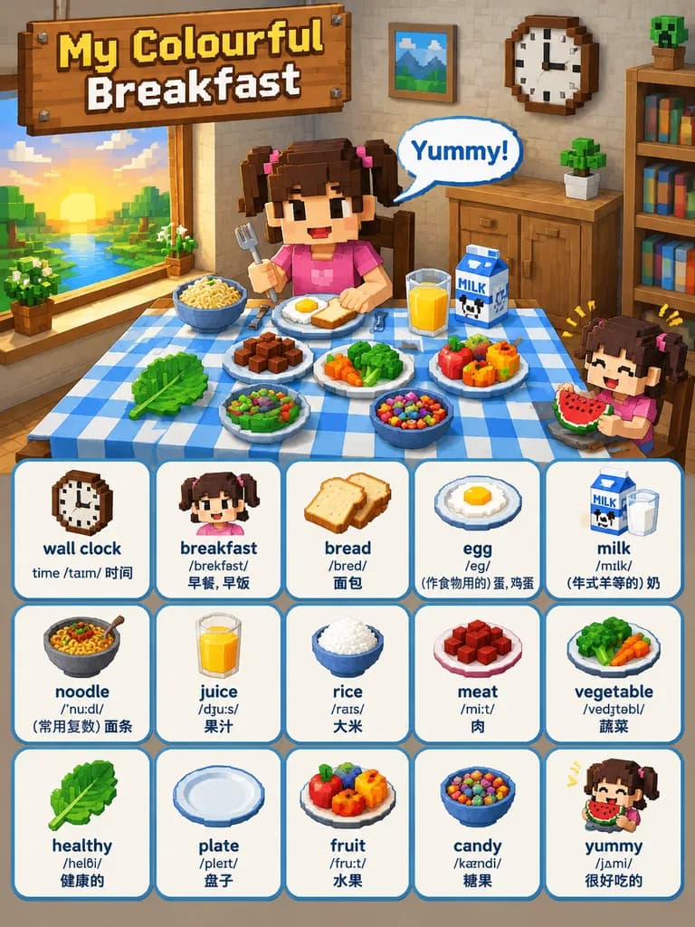 복셀 스타일 아침 식사 이중언어 단어 포스터