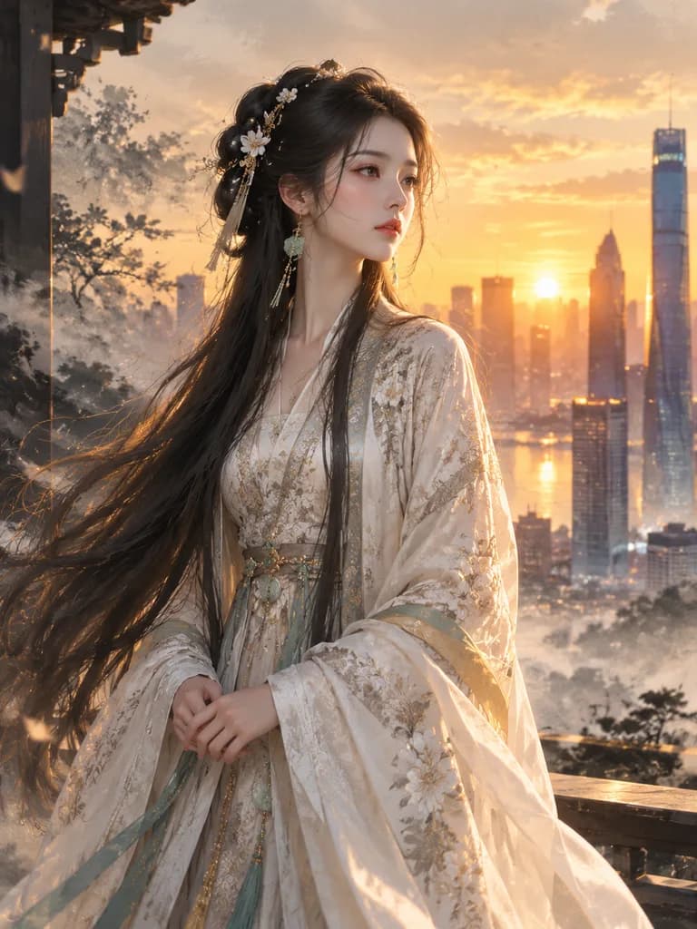 夕暮れの近代都市と古典の美女