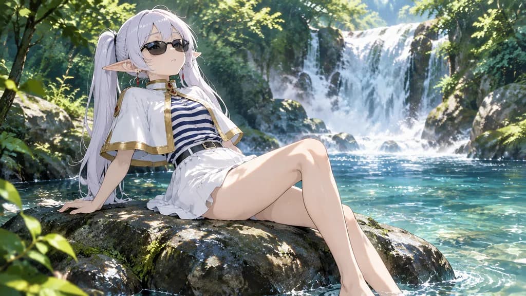Anime Elf Girl by Forest Waterfall