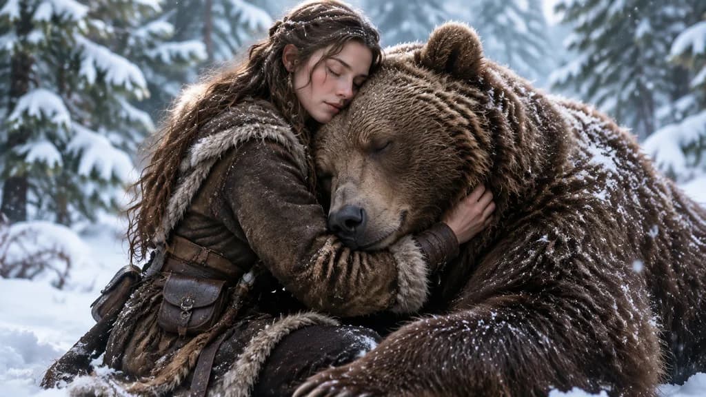 Woman Embracing Grizzly Bear in Winter Snow