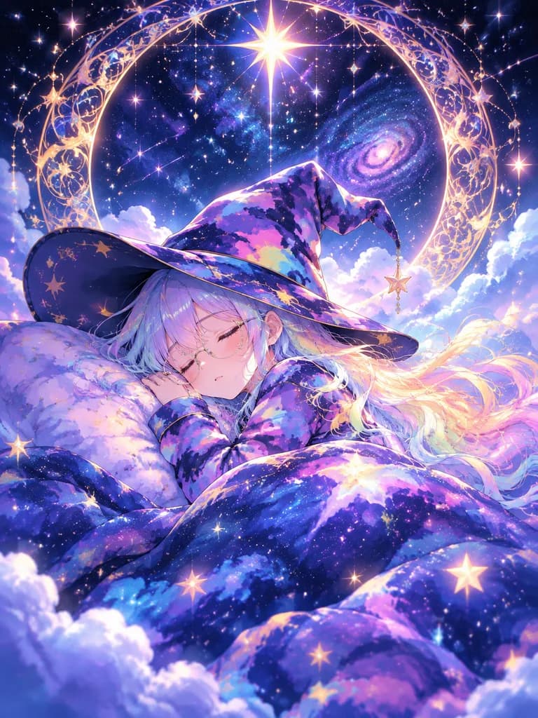 雲のベッドで眠るアニメ魔女