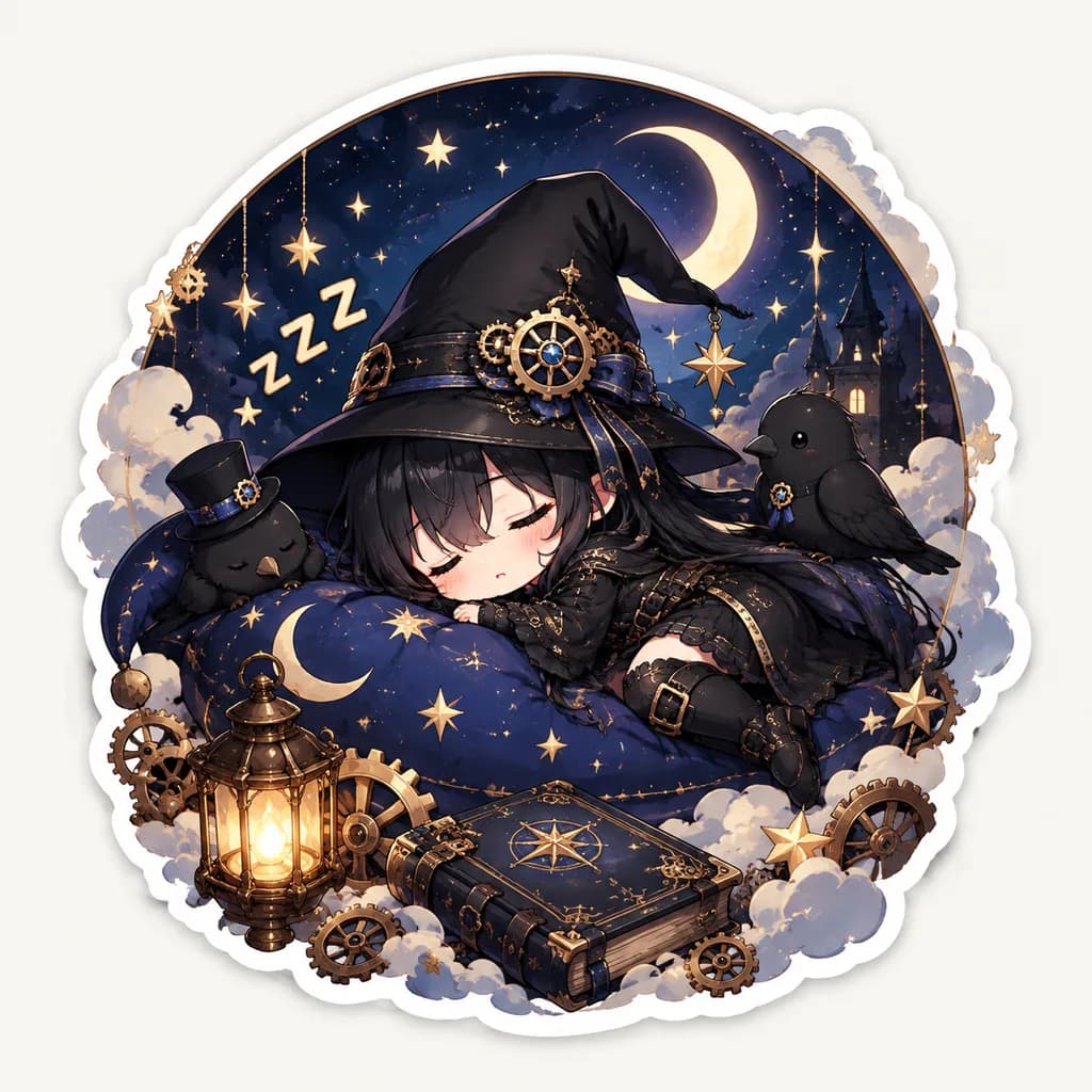 Sleeping Steampunk Chibi Witch Sticker
