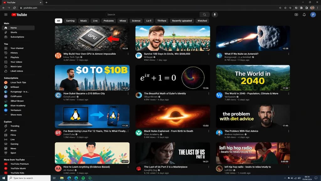 Mockup de UI de YouTube en Modo Oscuro