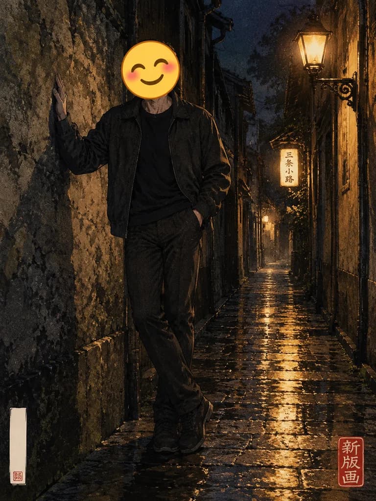 Figura con Volto Emoji in un Vicolo Notturno