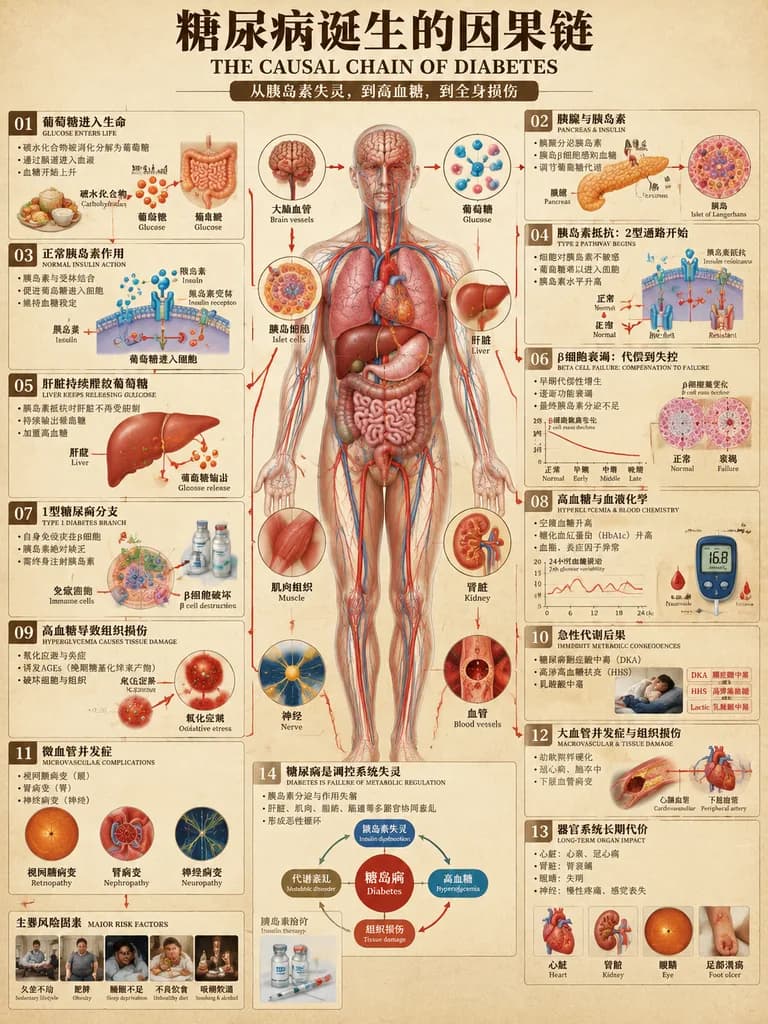 Infografica Medica sulla Catena Causale del Diabete