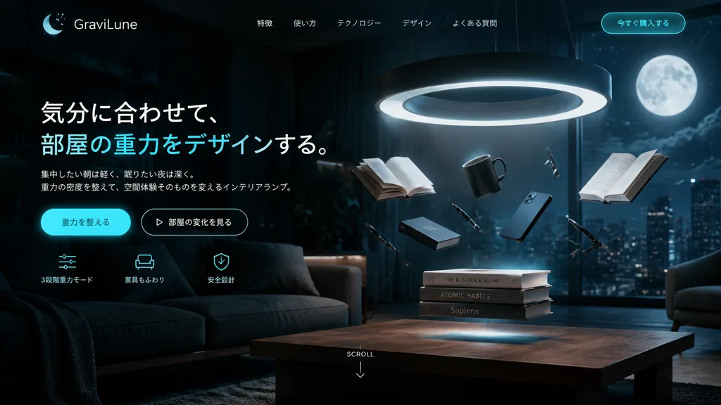 反重力インテリアランプのWebモックアップ