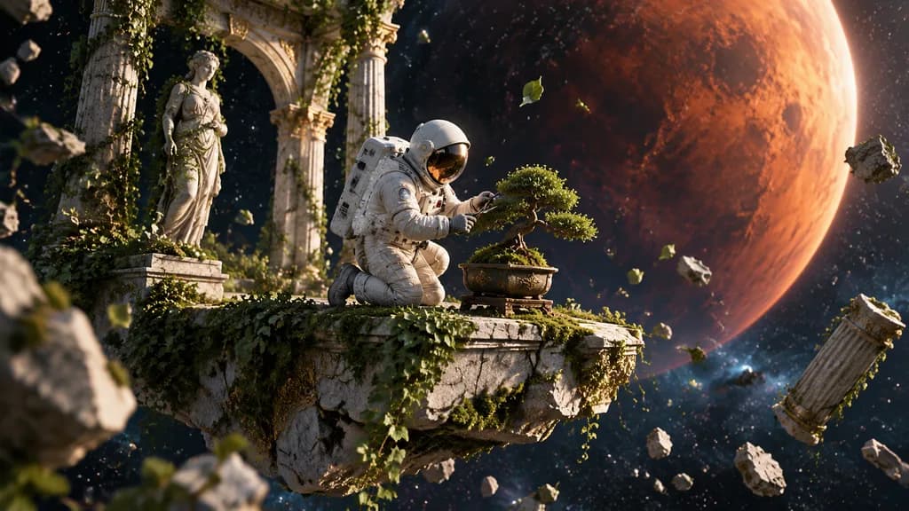 Astronaut Pruning Bonsai on Space Ruins