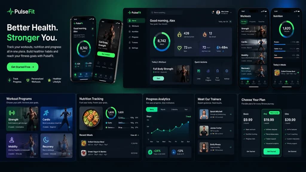 Dark Mode Fitness SaaS Landing Page UI