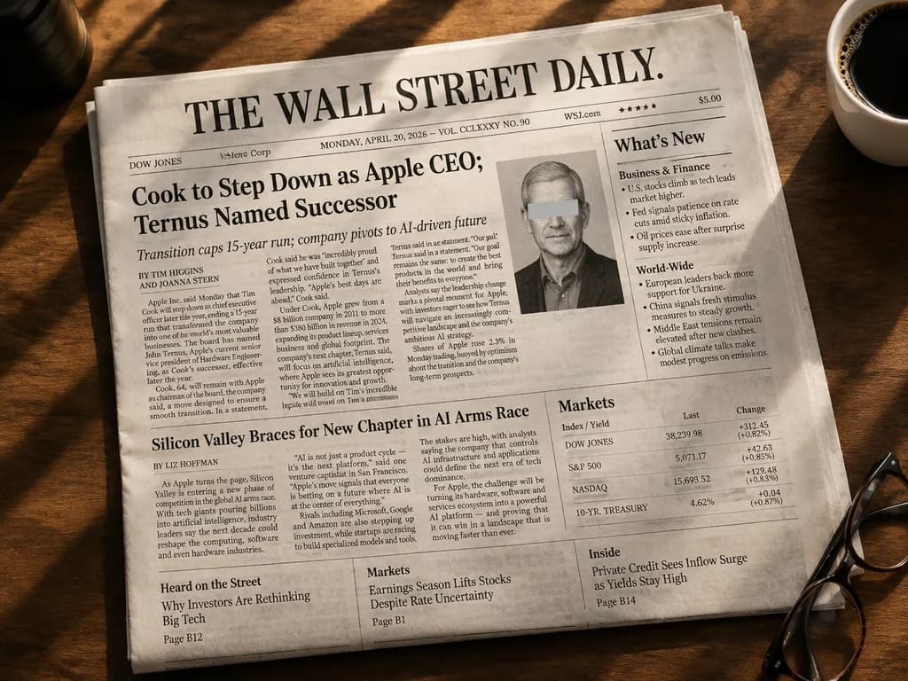 Business Newspaper Front Page on Wooden Desk