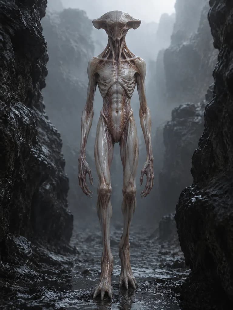 Extraterrestre Humanoïde Inquiétant dans un Ravin Rocheux
