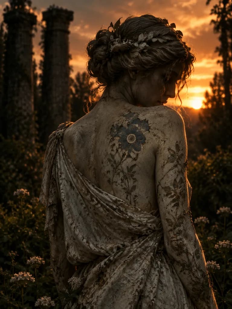 夕陽下的古典大理石女子雕像