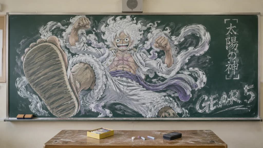 黒板に描かれたルフィギア5のチョークアート