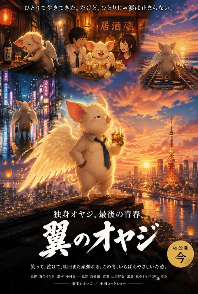 Póster de Película Japonesa de Fantasía con Cerdo Alado