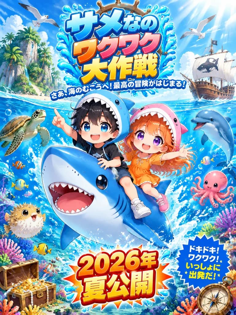 Q版鯊魚海洋冒險動畫電影海報