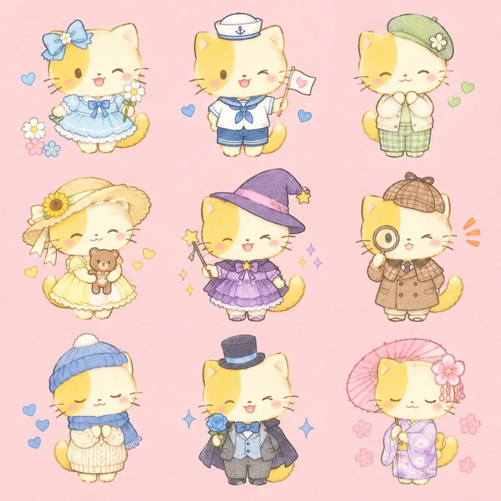Chibi Kitten Costume Sheet in Nine Outfits